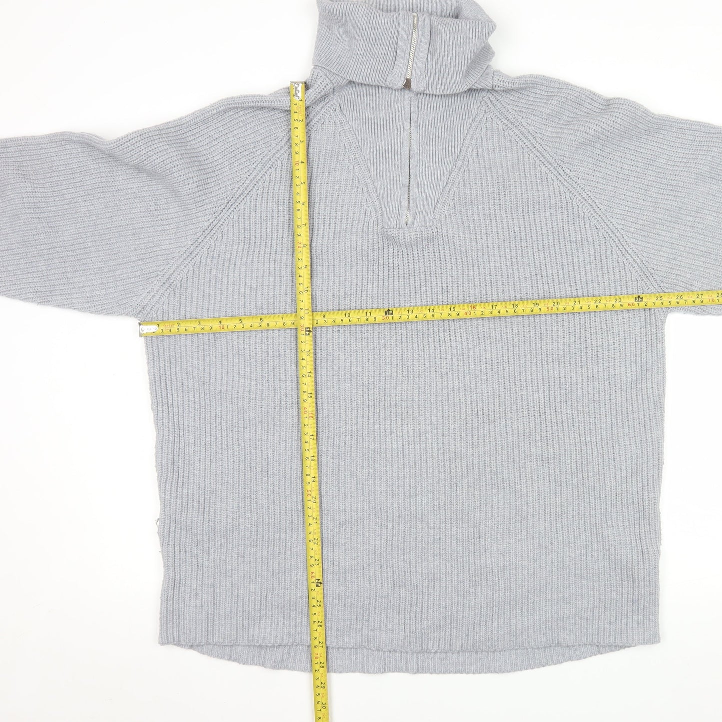 Pull & Bear Men Grey L 1/2 Zip Chunky Knit High Neck Jumper
