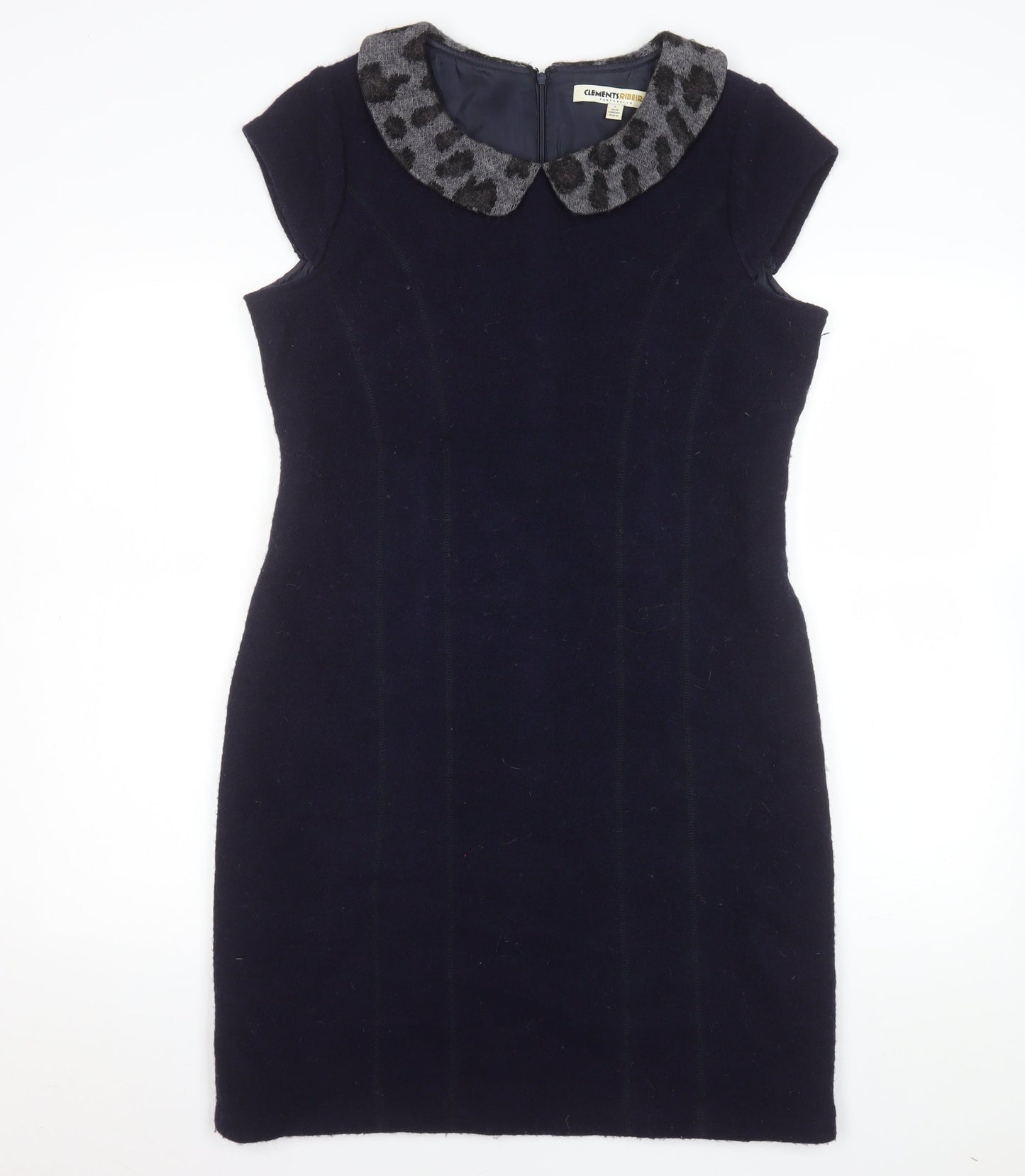 Clements Ribeiro Women’s Navy Wool Sheath Dress Size 14 Lined Collared