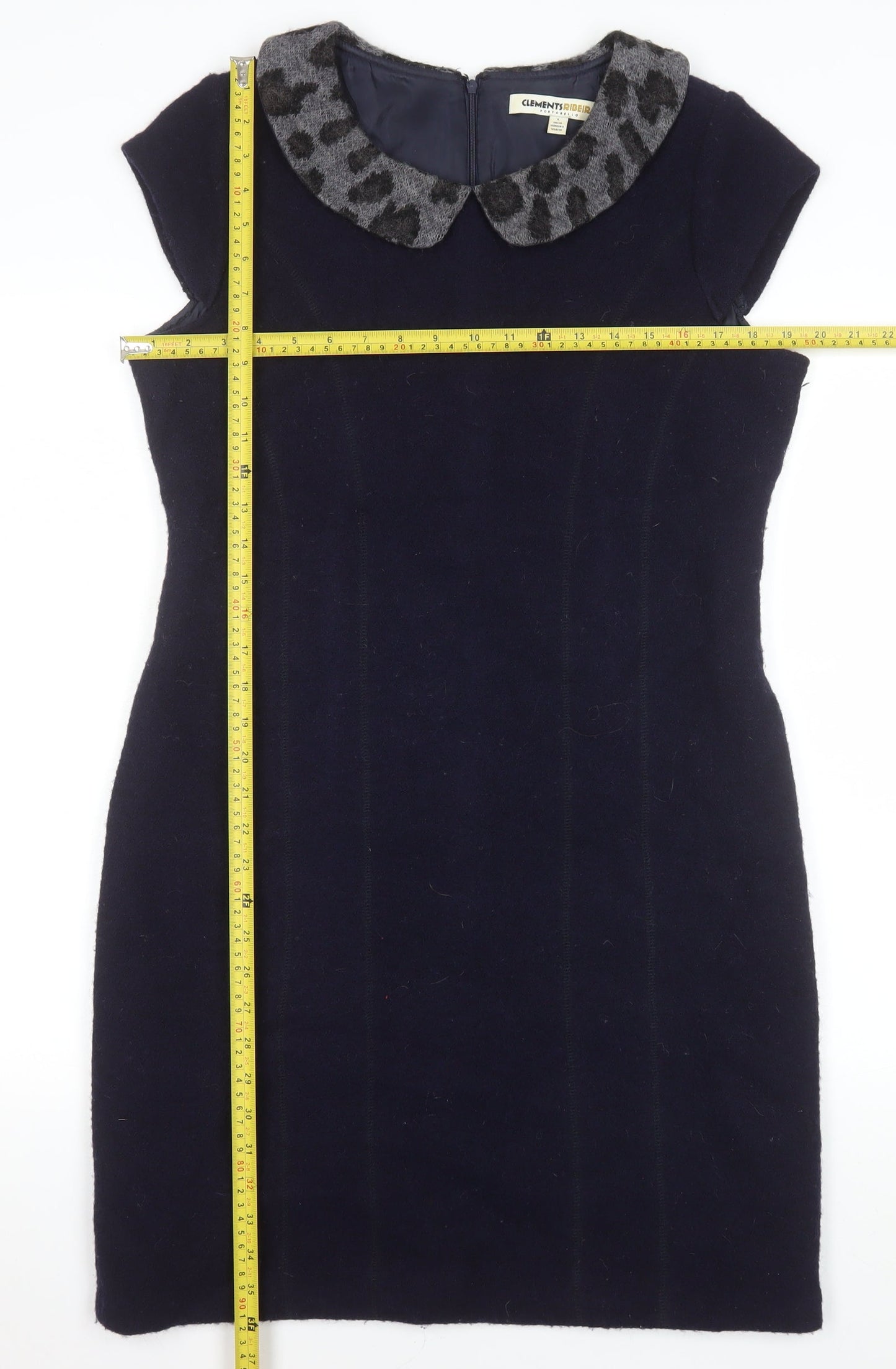Clements Ribeiro Women’s Navy Wool Sheath Dress Size 14 Lined Collared
