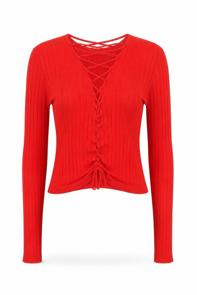 Bershka Women Red Cropped Knit Lace Up Long Sleeve Top Size S