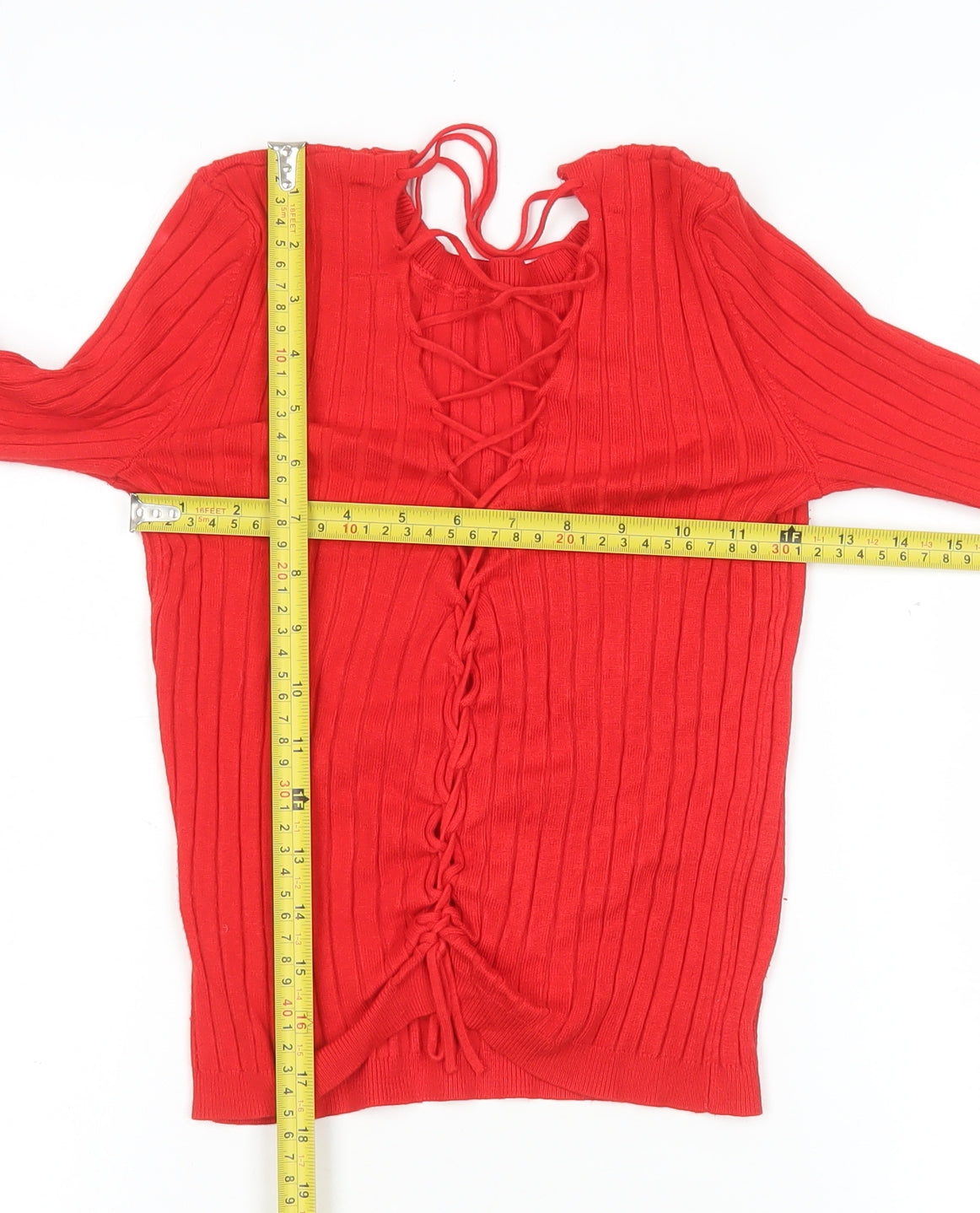 Bershka Women Red Cropped Knit Lace Up Long Sleeve Top Size S