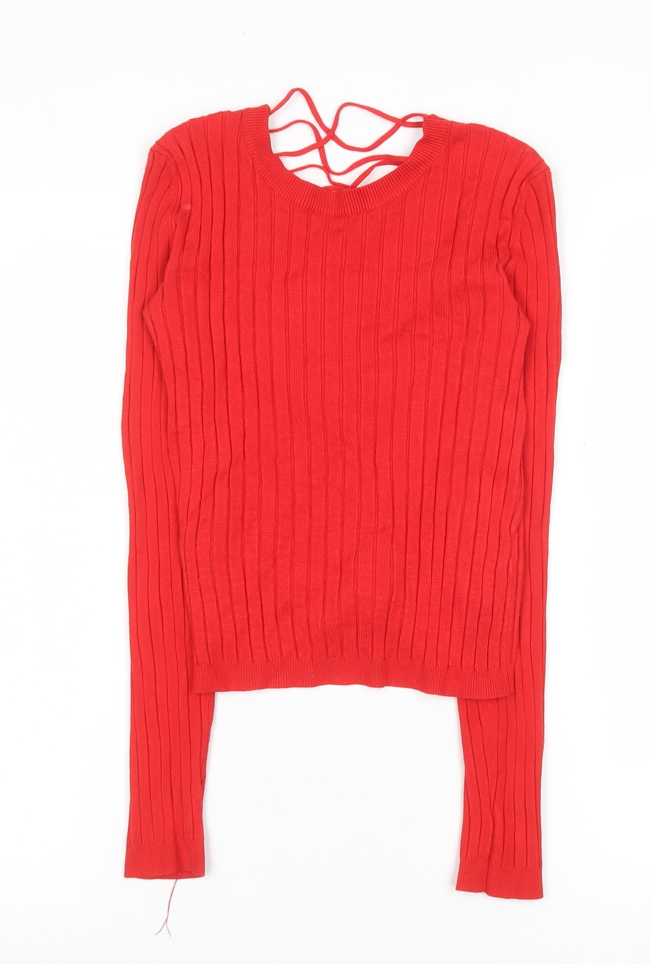 Bershka Women Red Cropped Knit Lace Up Long Sleeve Top Size S