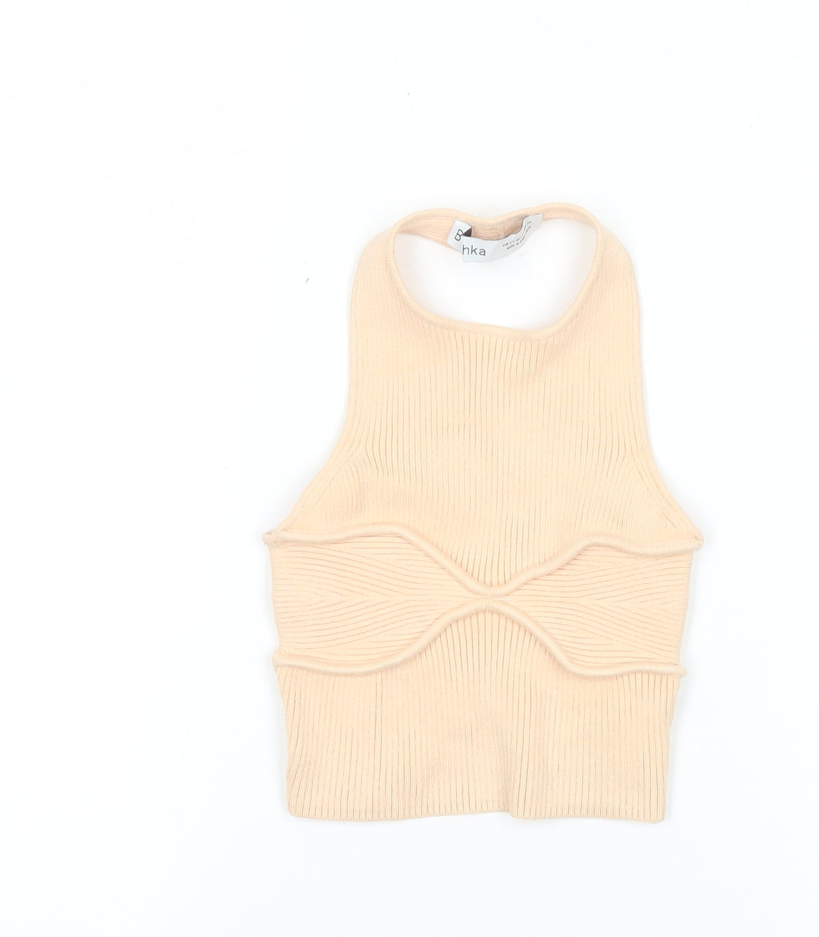 Bershka Women’s Beige Ribbed Halter Cropped Tank Top XS