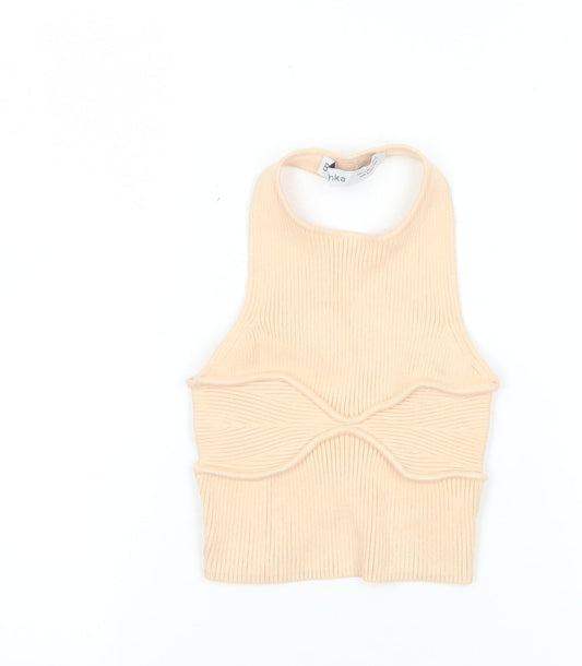 Bershka Women’s Beige Ribbed Halter Cropped Tank Top XS
