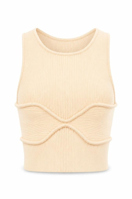 Bershka Women’s Beige Ribbed Halter Cropped Tank Top XS