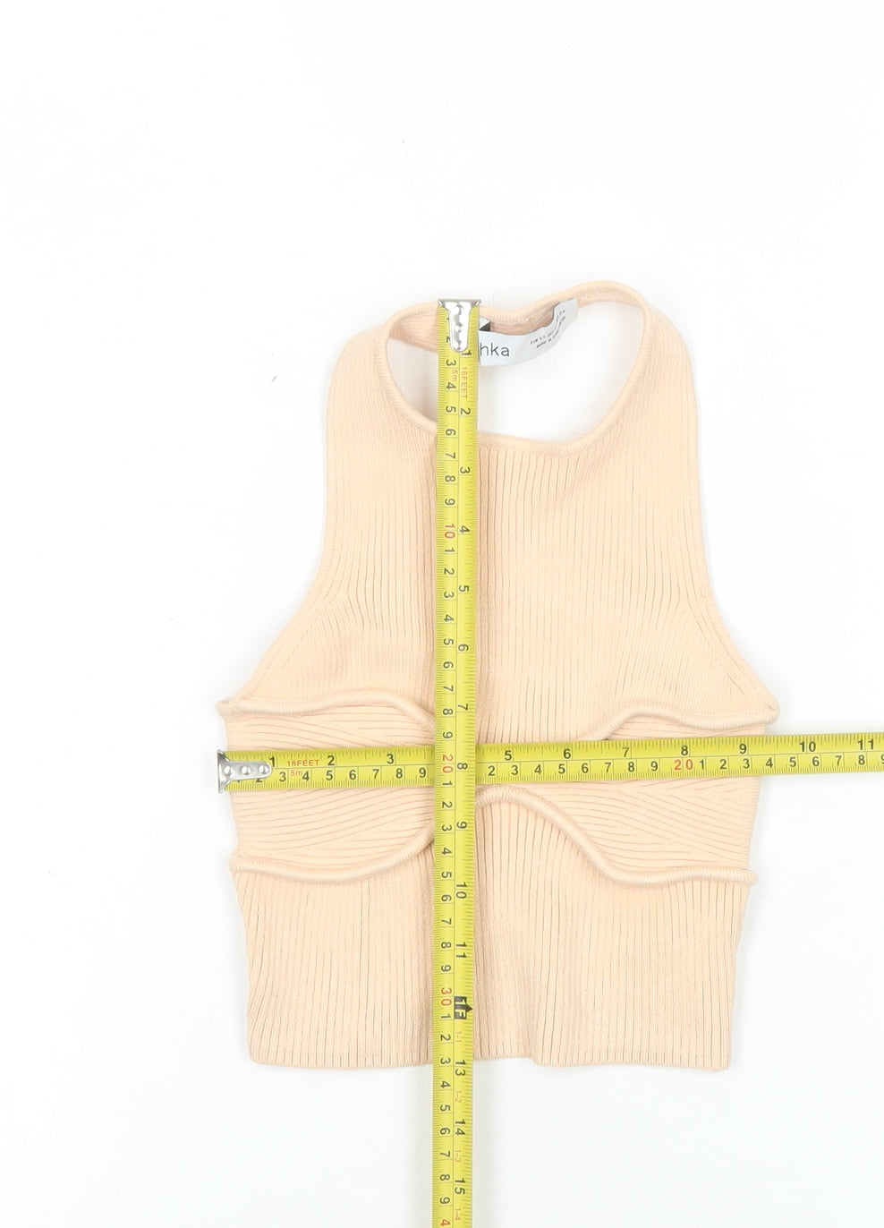 Bershka Women’s Beige Ribbed Halter Cropped Tank Top XS