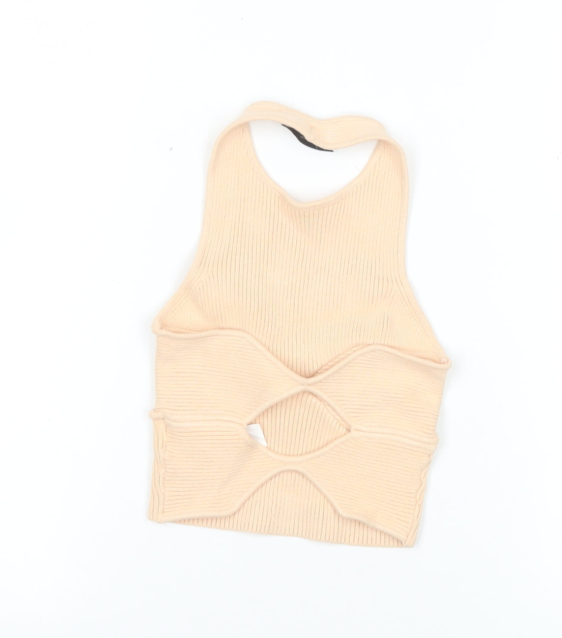 Bershka Women’s Beige Ribbed Halter Cropped Tank Top XS