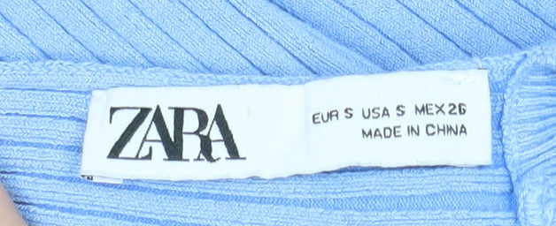 Zara Women Blue Ribbed Knit Short Sleeve Slim Fit T-Shirt Size S