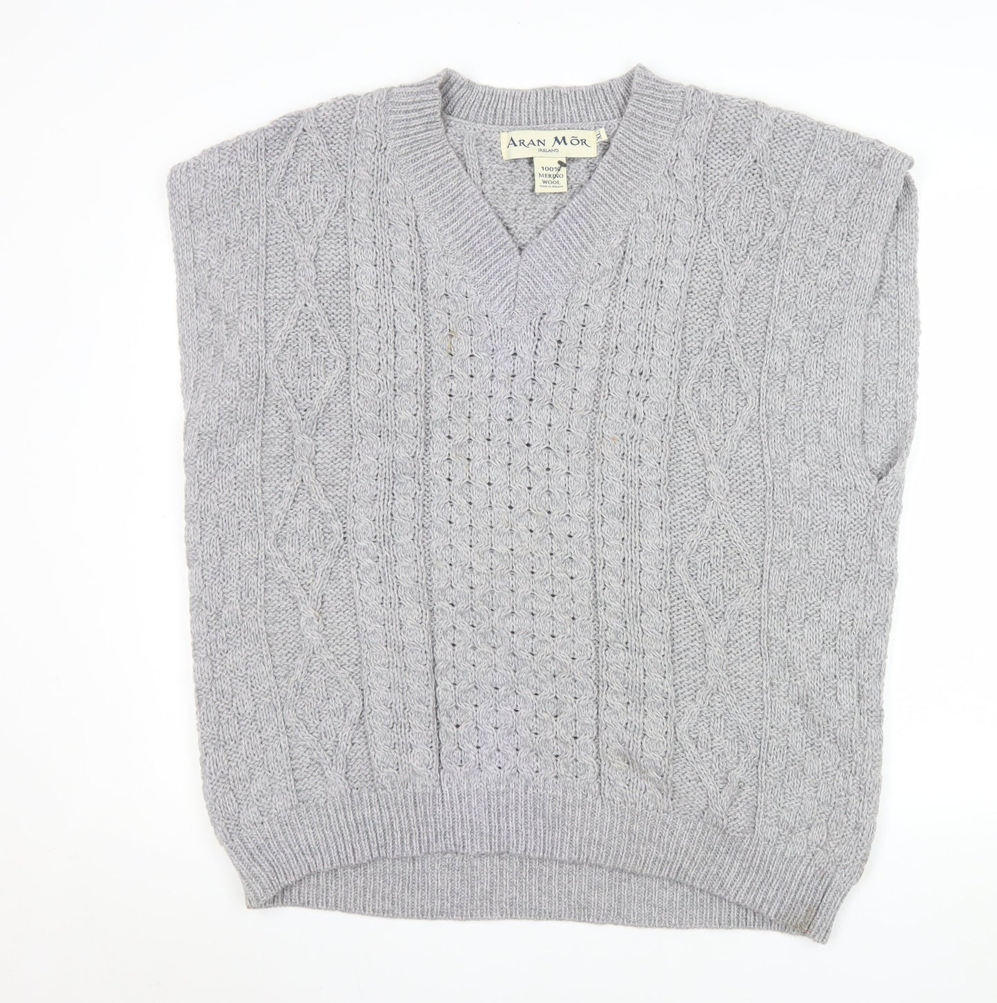 Aran Mór Mens Grey Cable-Knit Merino Wool Sleeveless Vest Jumper XL