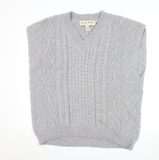 Aran Mór Mens Grey Cable-Knit Merino Wool Sleeveless Vest Jumper XL