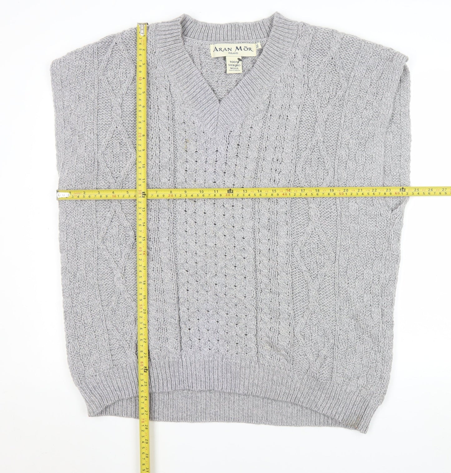Aran Mór Mens Grey Cable-Knit Merino Wool Sleeveless Vest Jumper XL