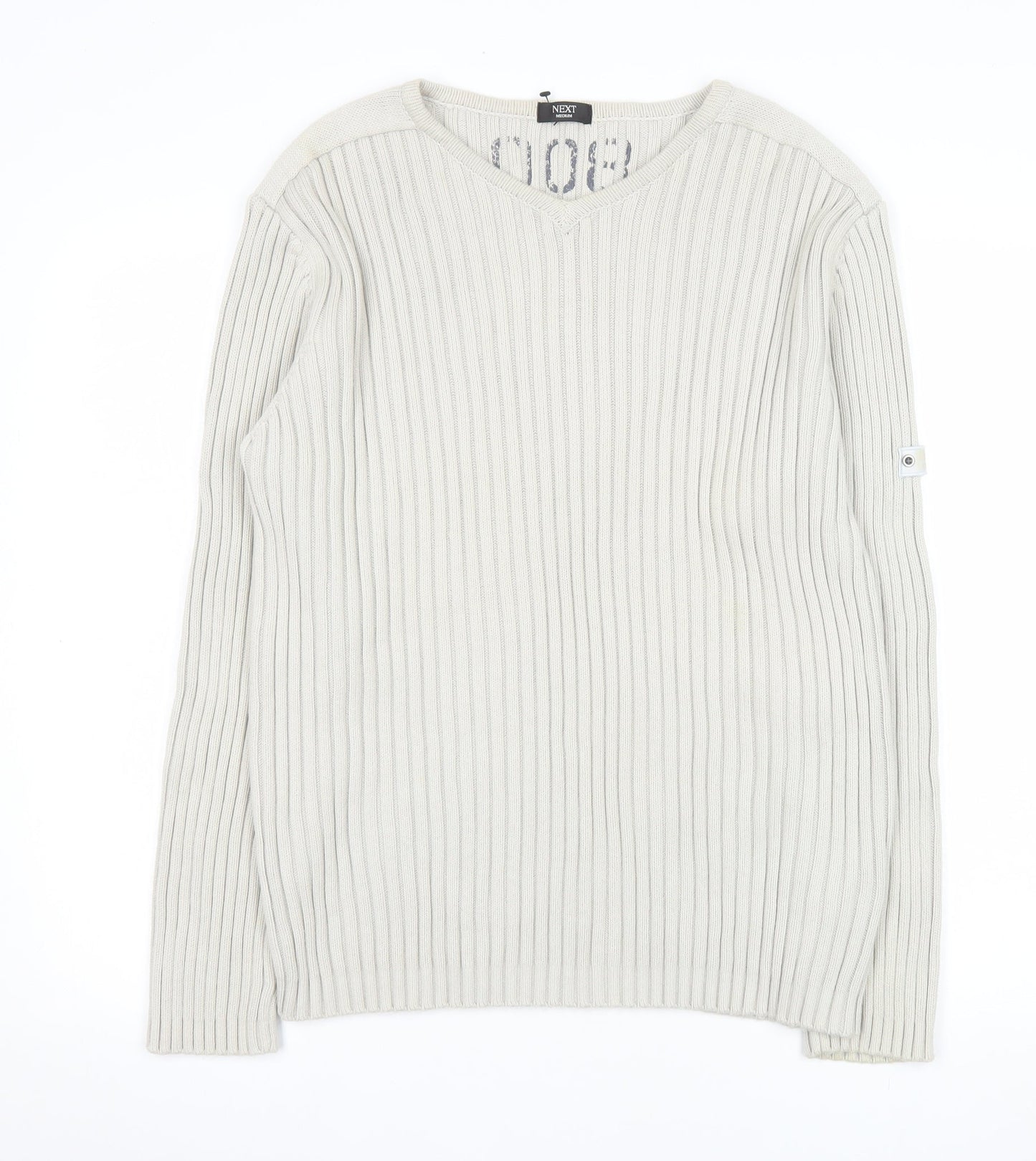 Next Men's Beige Cotton Ribbed V-Neck Jumper Size M
