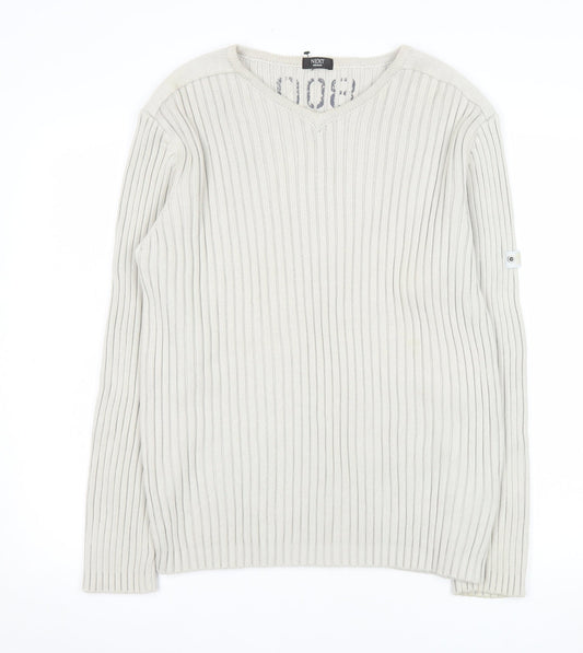 Next Men's Beige Cotton Ribbed V-Neck Jumper Size M