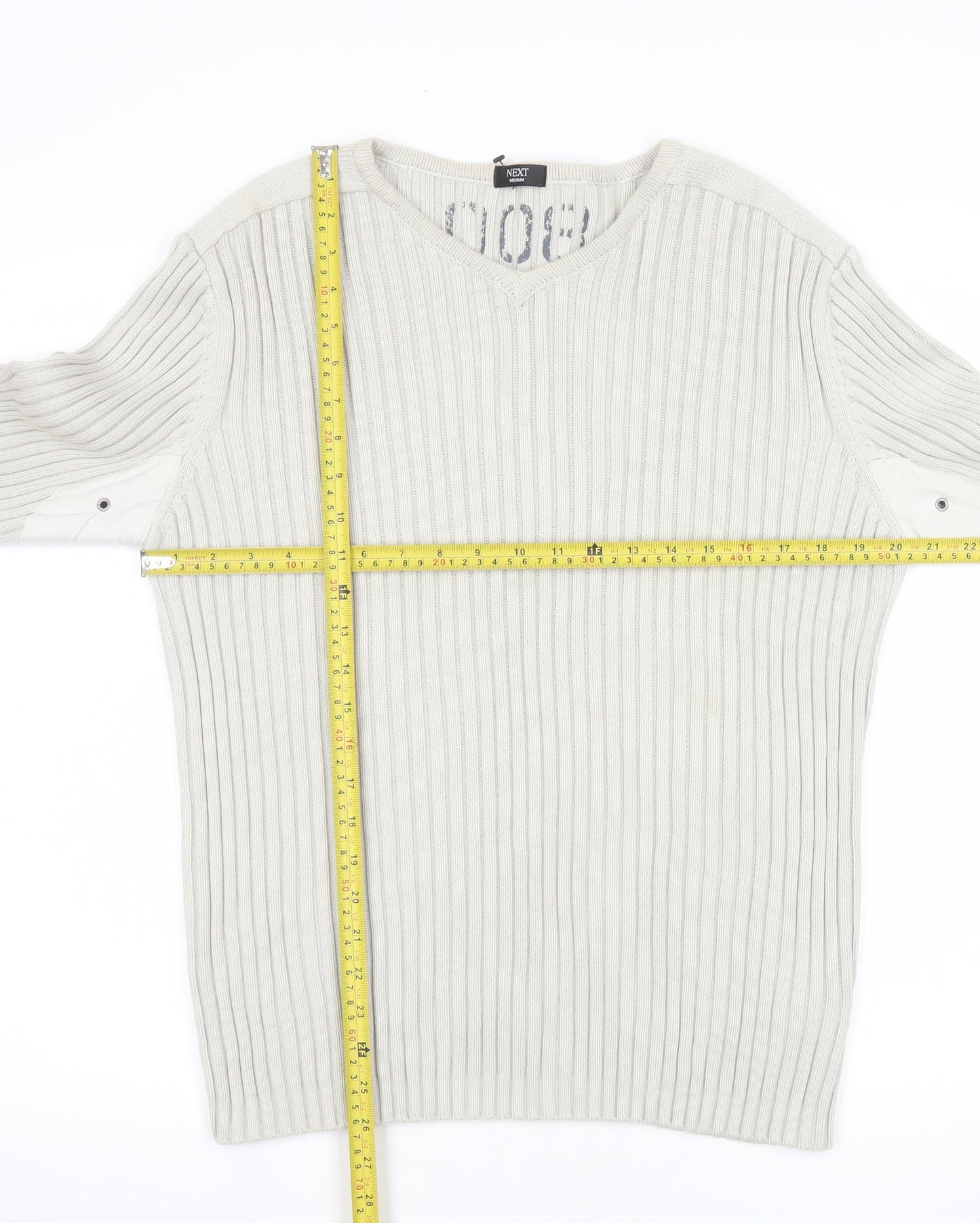 Next Men's Beige Cotton Ribbed V-Neck Jumper Size M
