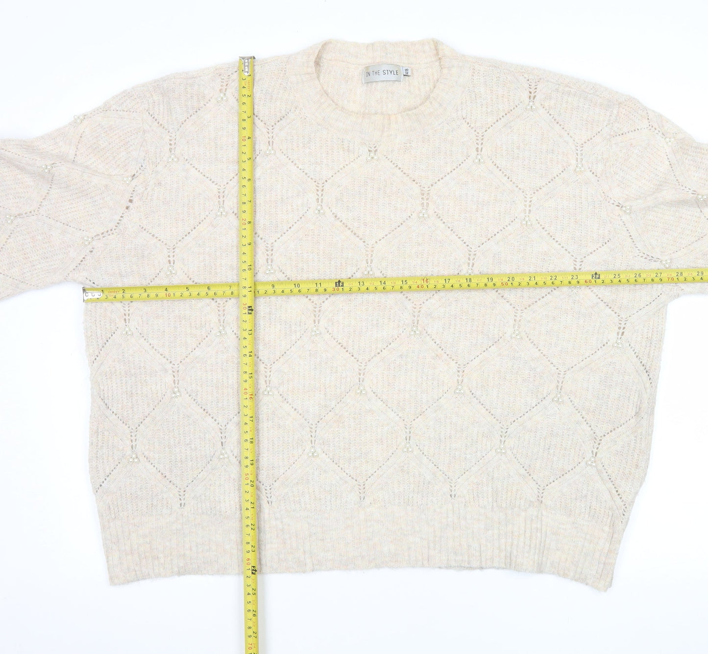 In The Style Women's Beige Beaded Knit Pullover Jumper Size 14