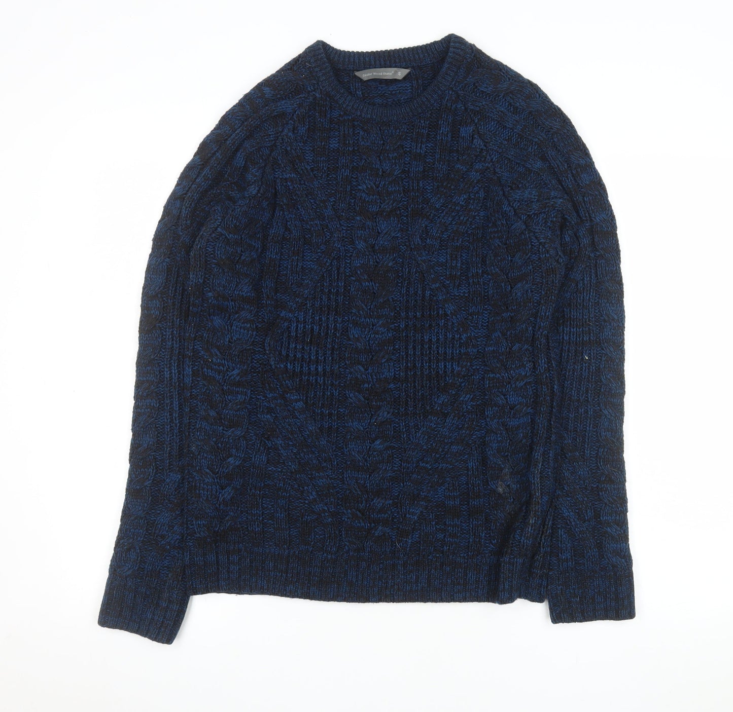 Cedar Wood State Men's Blue Cable Knit Crew Neck Jumper Size S