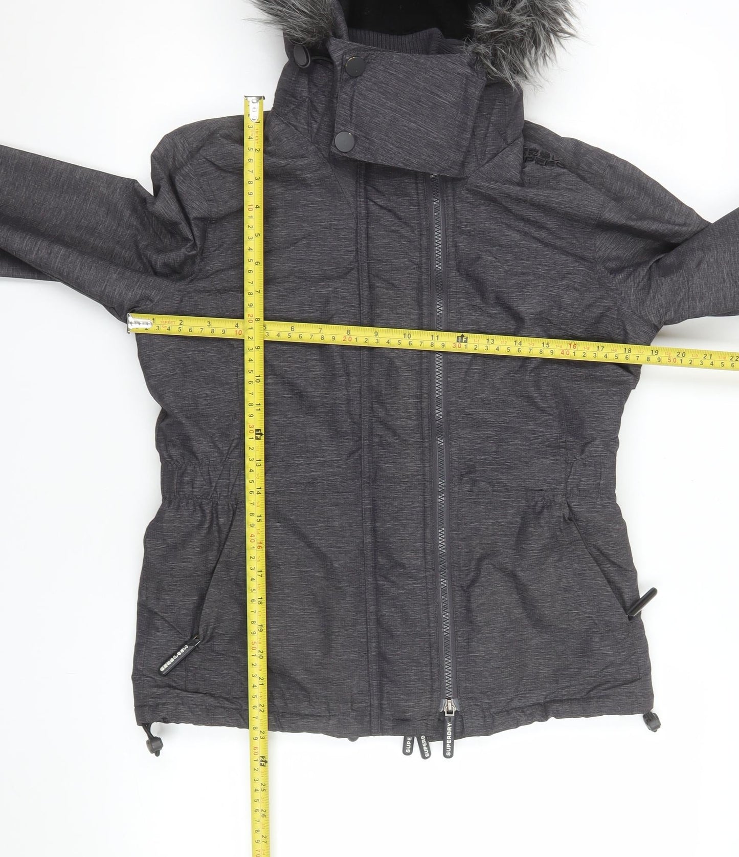 Superdry Women Grey S Puffer Jacket Hooded Fur Trim Winter Coat
