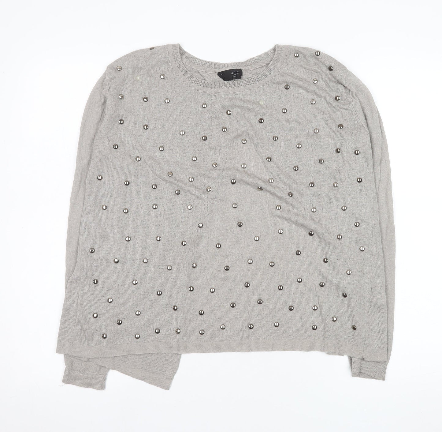 Topshop Women Grey Beaded Knit Long Sleeve Blouse UK 8
