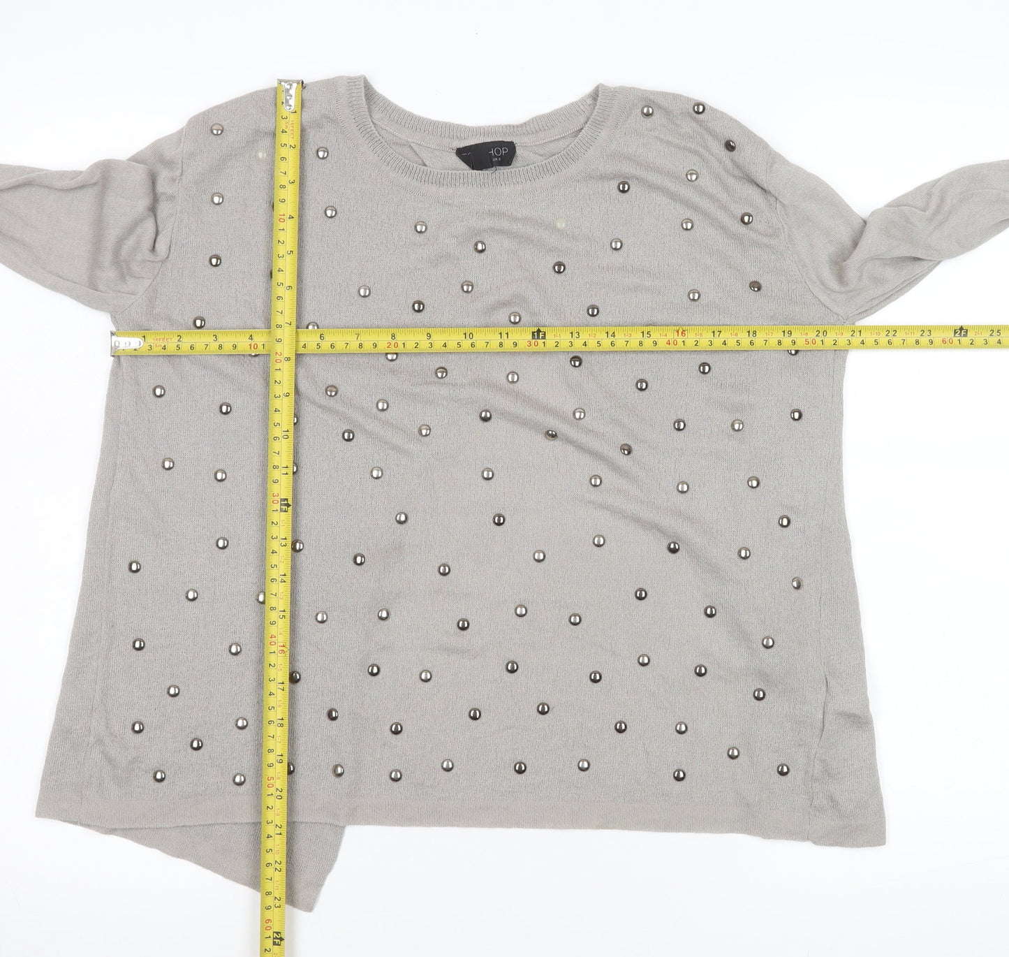Topshop Women Grey Beaded Knit Long Sleeve Blouse UK 8