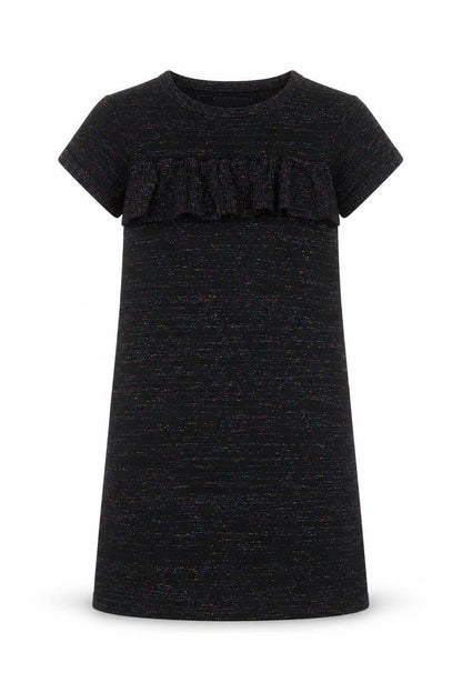 Front view of Bluezoo girls’ black glitter shift party dress 5-6 years short sleeve
