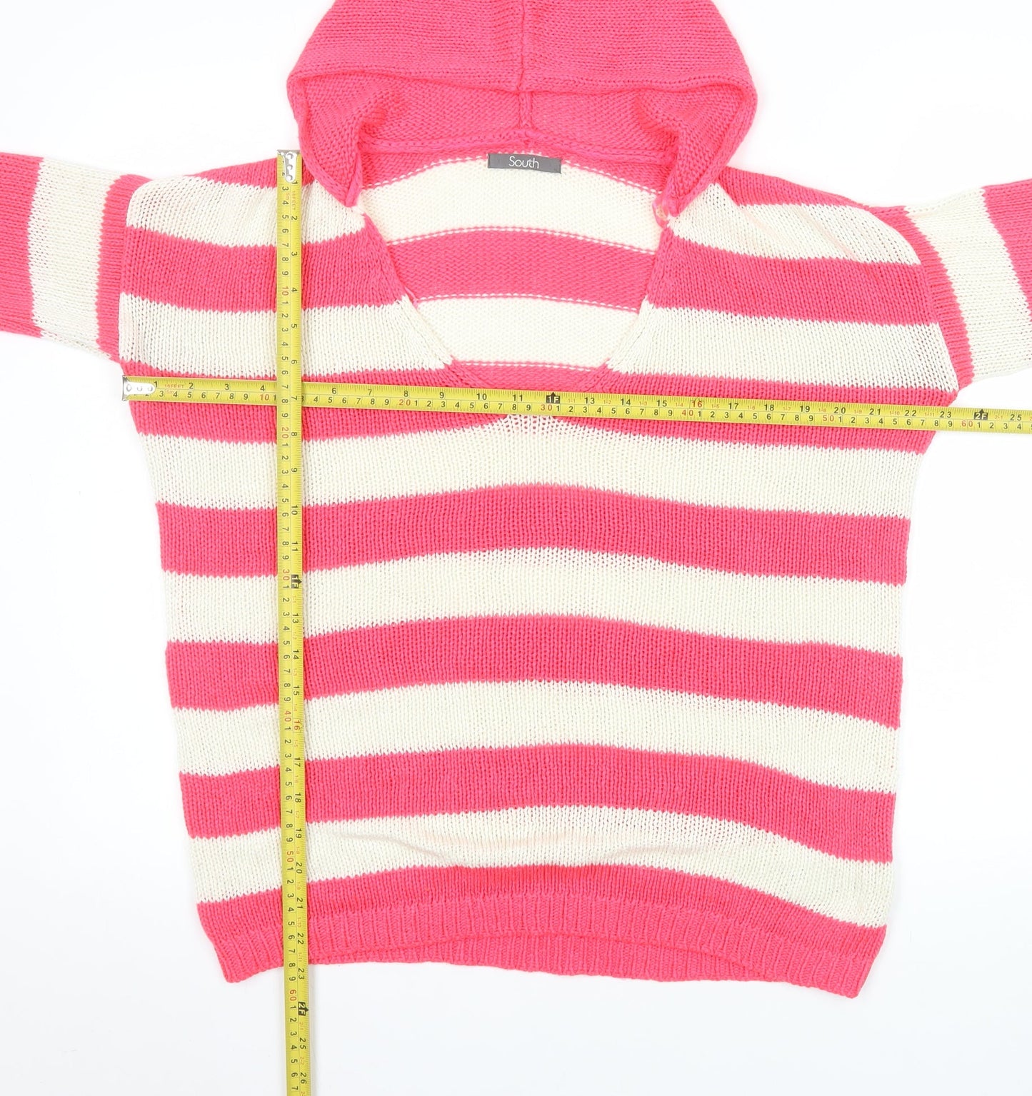 South Women's Pink Striped Hooded V-Neck Knit Jumper Size 14