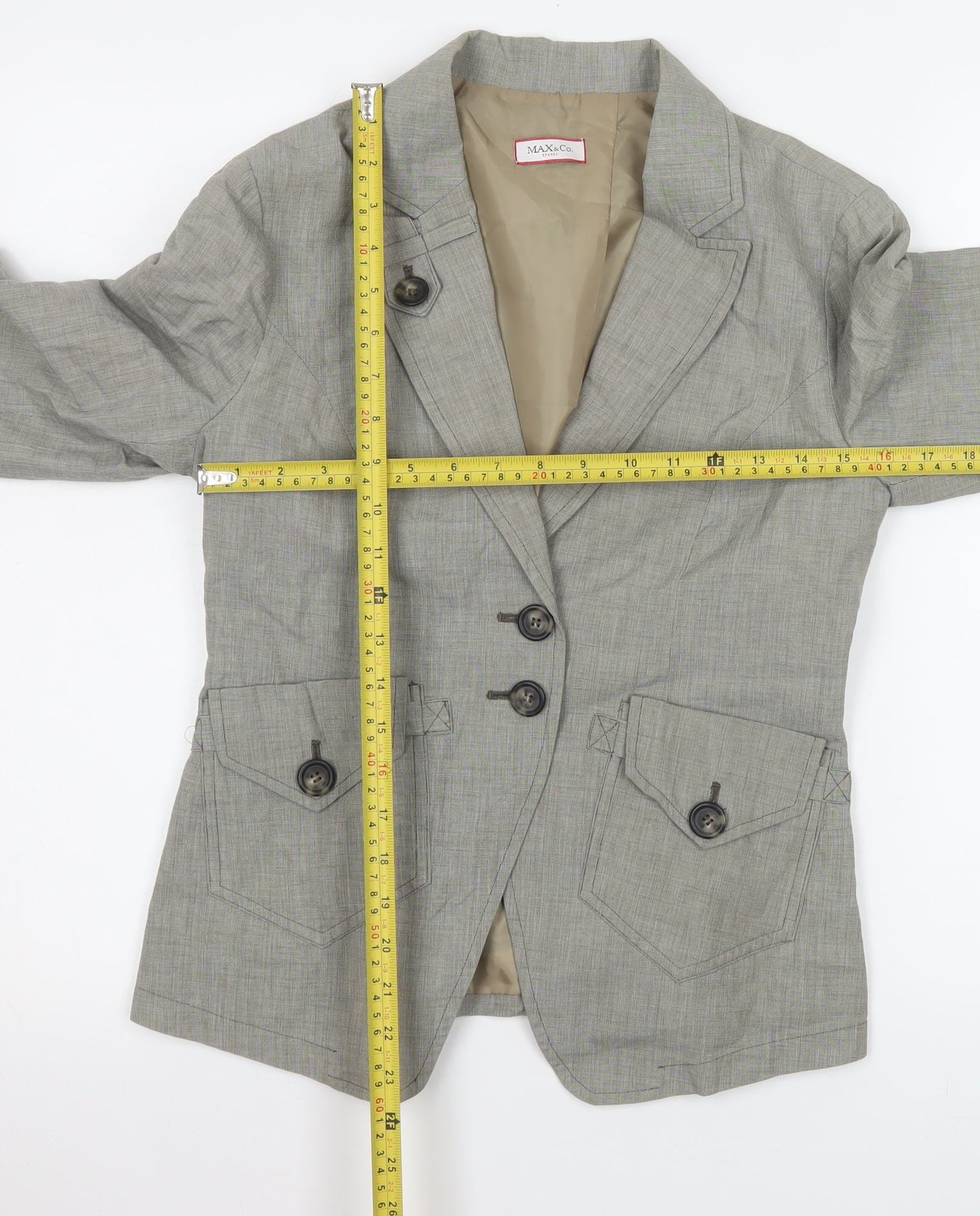 Max&Co Women Grey Linen Cotton Single Breasted Blazer Jacket Size 12
