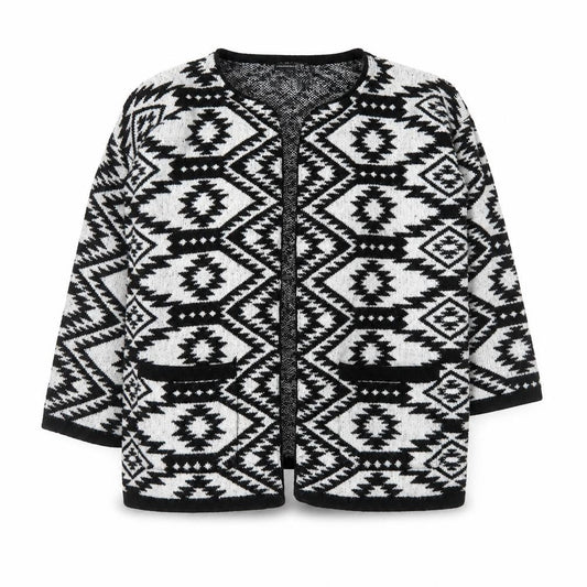 Front view of Atmosphere Women’s Black Aztec Knit Open Cardigan, size S