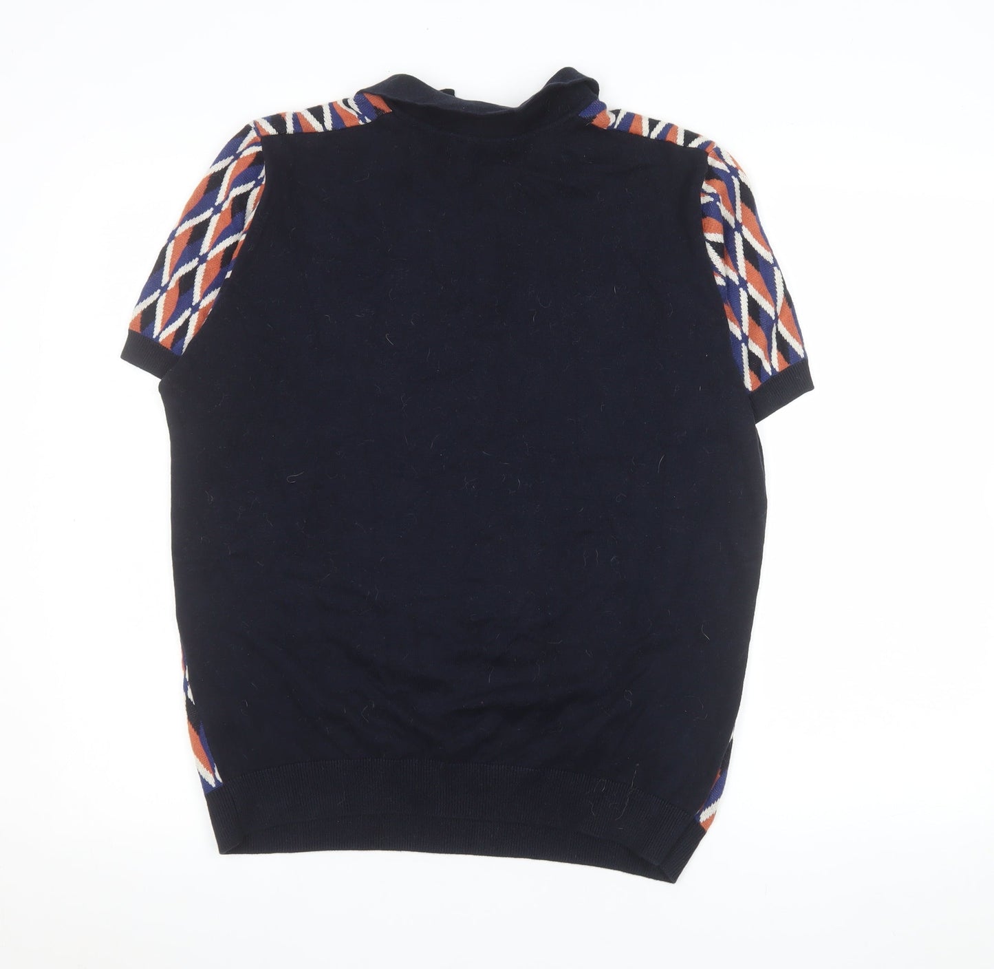 EASY Men's Blue Orange Diamond Knit Polo Shirt Size M 100% Cotton