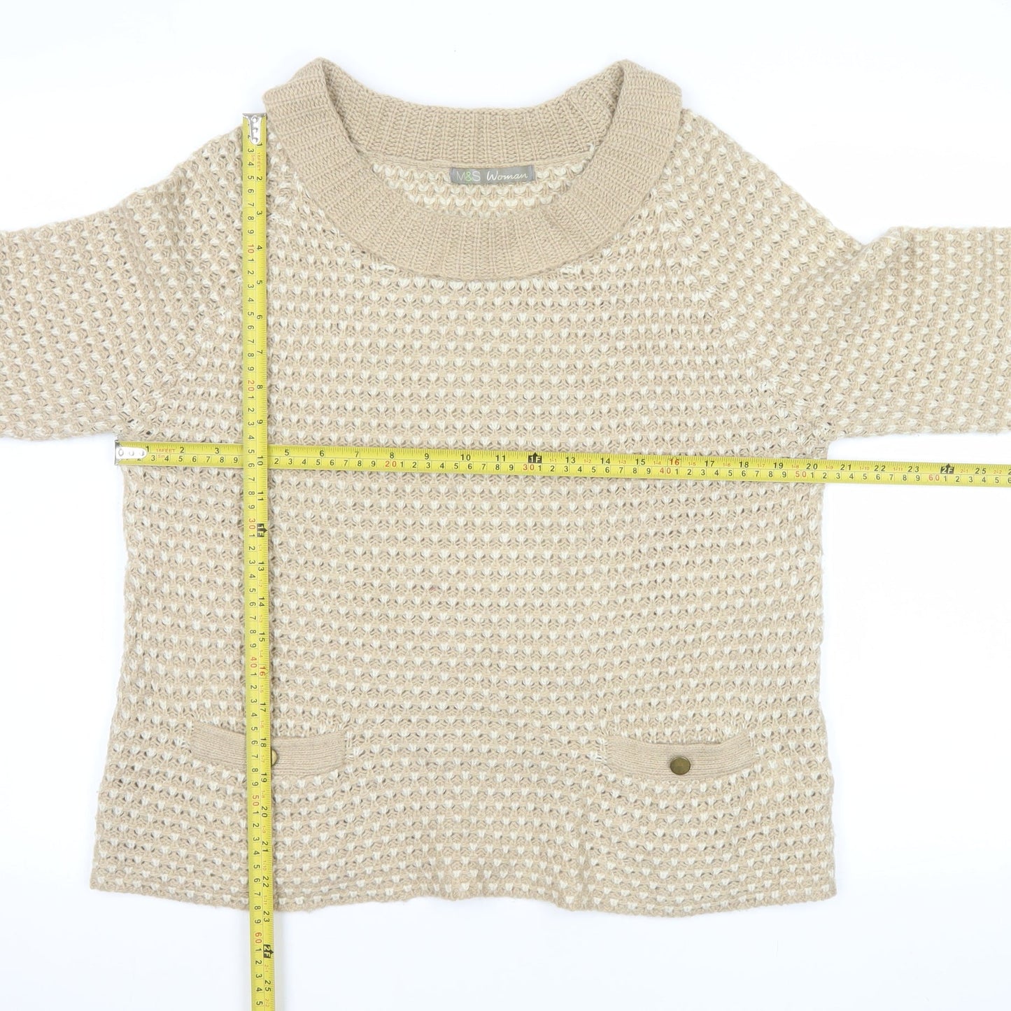 Marks and Spencer Women Beige Waffle Knit Pullover Jumper Size 12