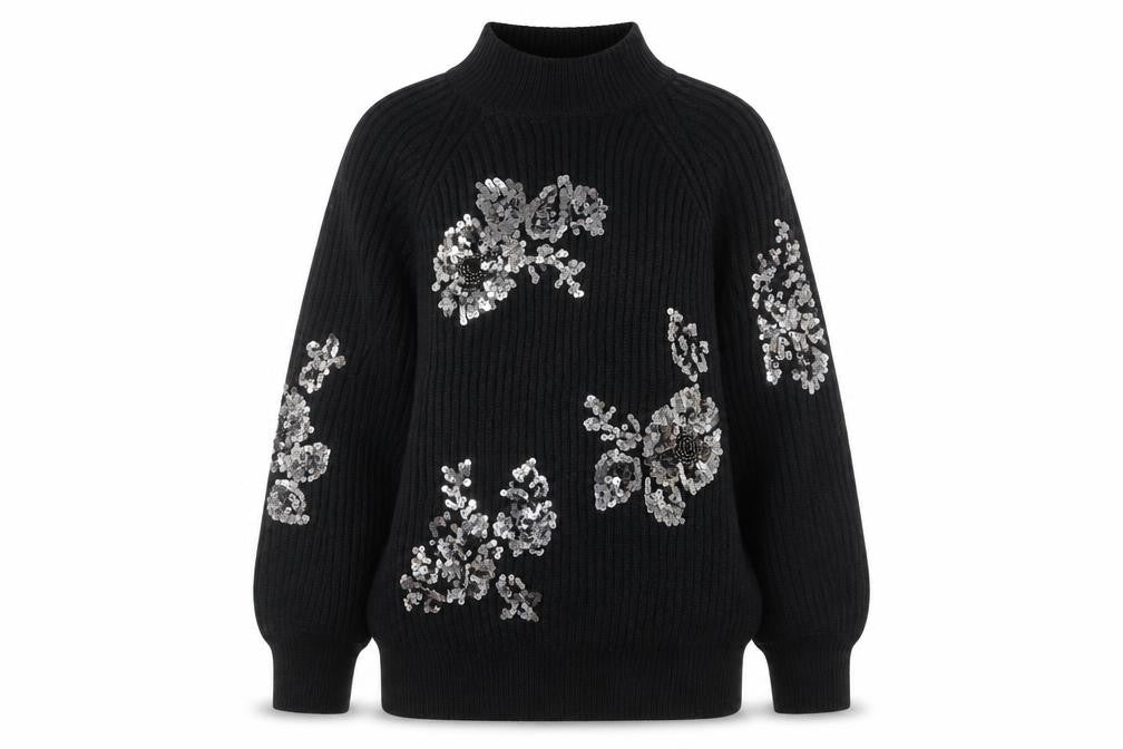 Next Women Black Sequin Floral Mock Neck Ribbed Jumper Size 12