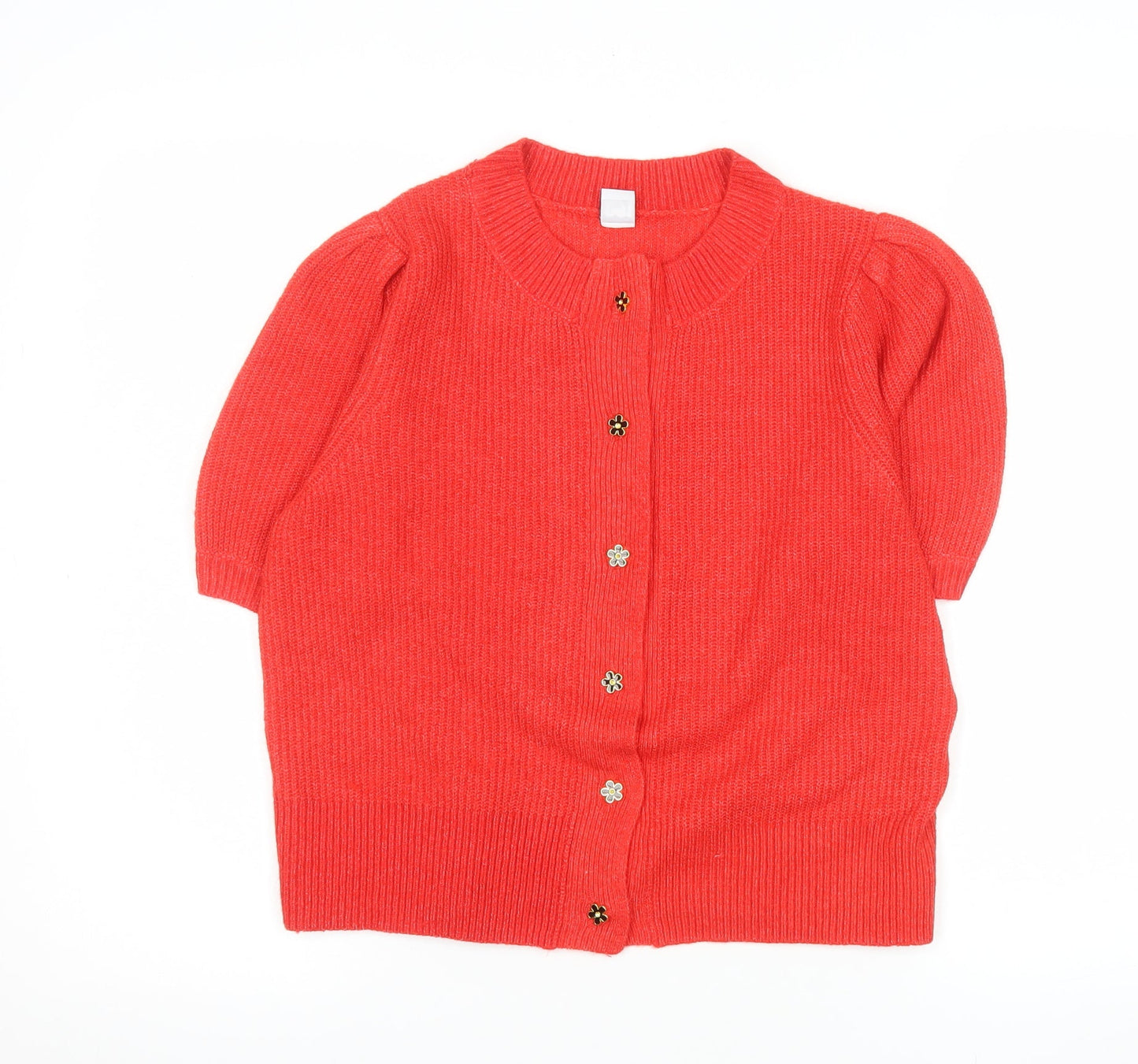 George Women's Red Short Sleeve Puff Knit Cardigan Size S