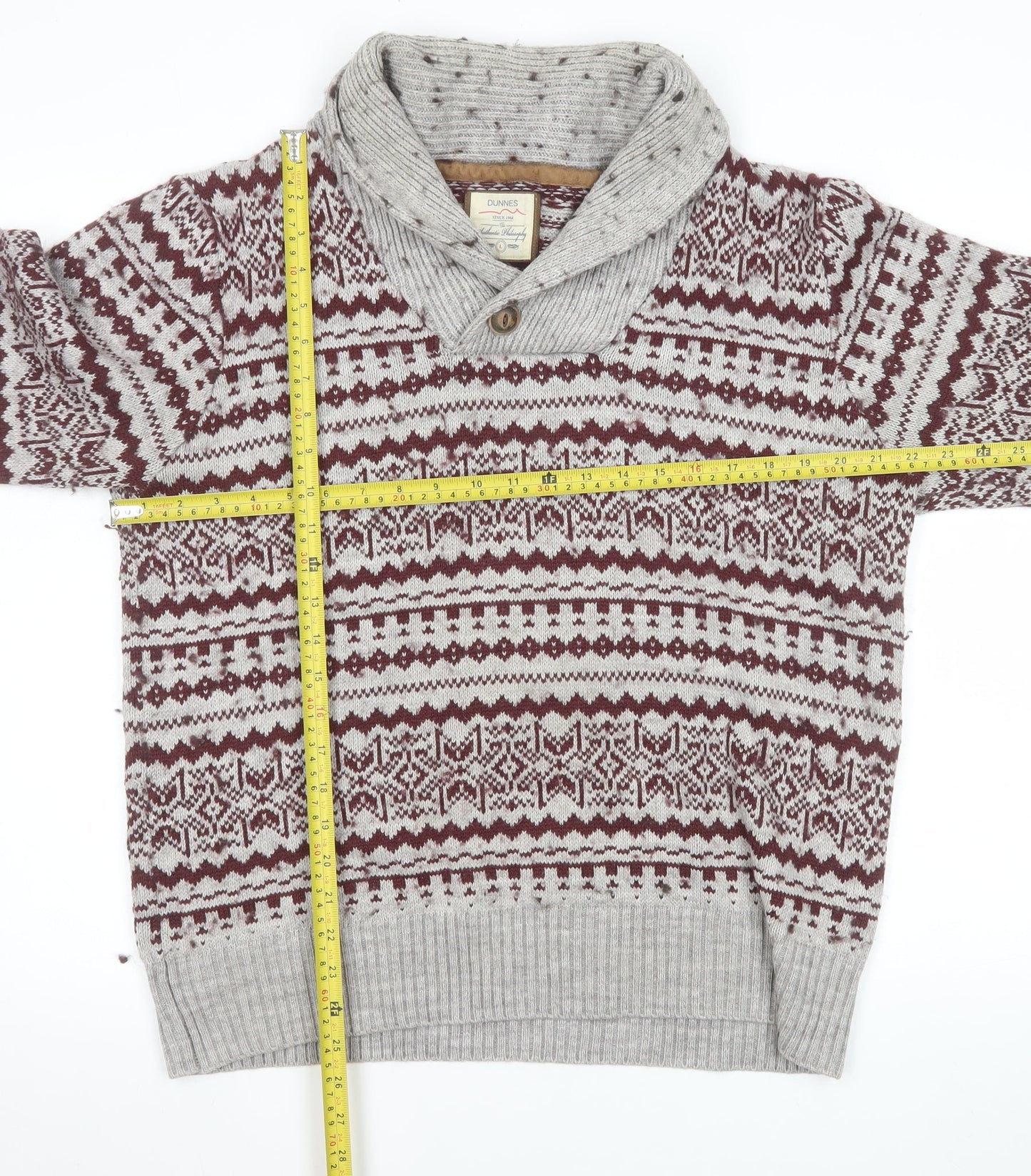 Dunnes Mens Grey Fair Isle Shawl Neck Jumper Size L