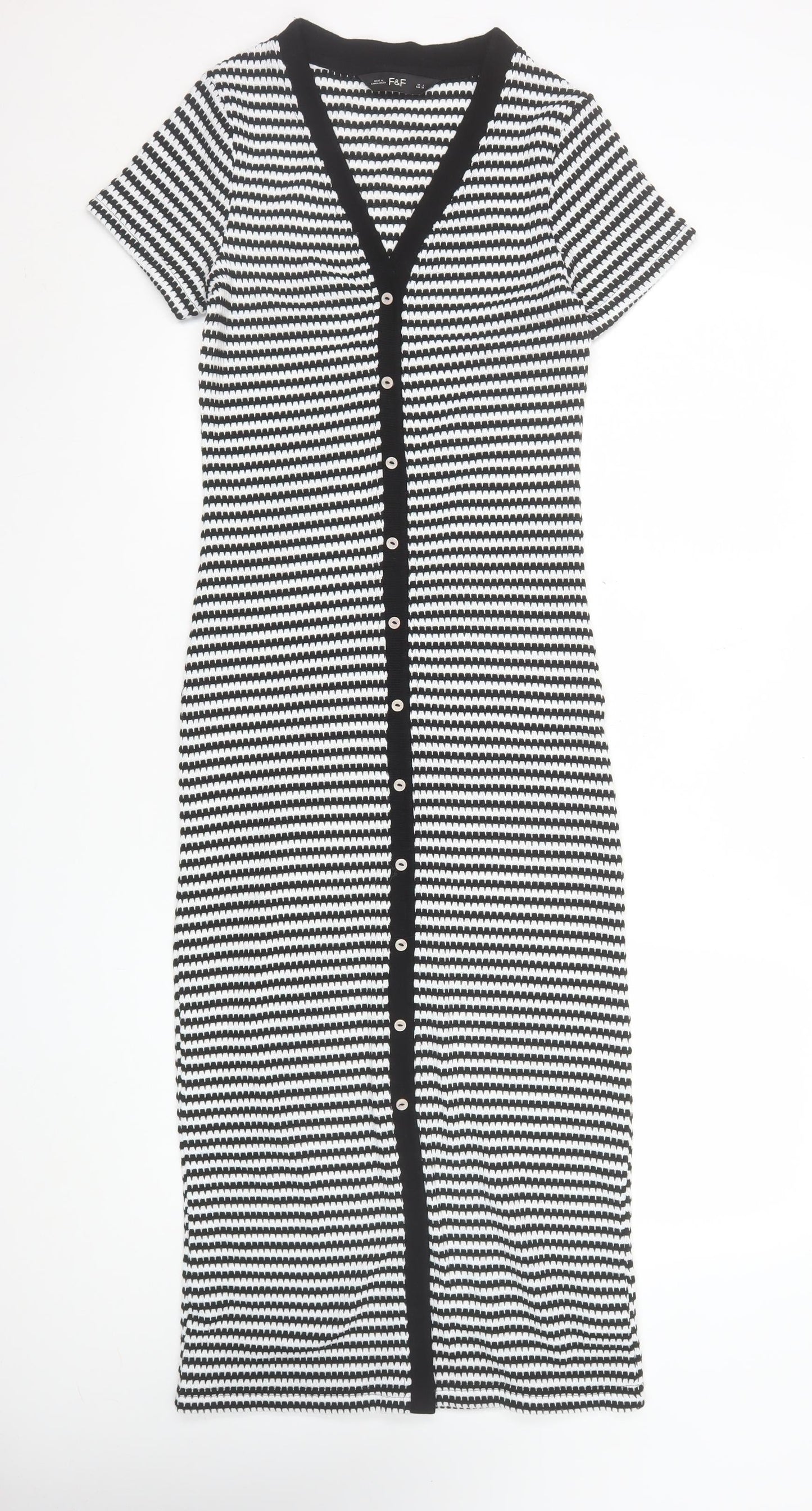 F&F Women Black White Striped Bodycon Midi Dress Size 6