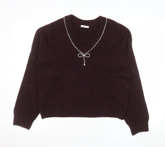 Tu Women Brown V-Neck Beaded Bow Knit Jumper Size 12
