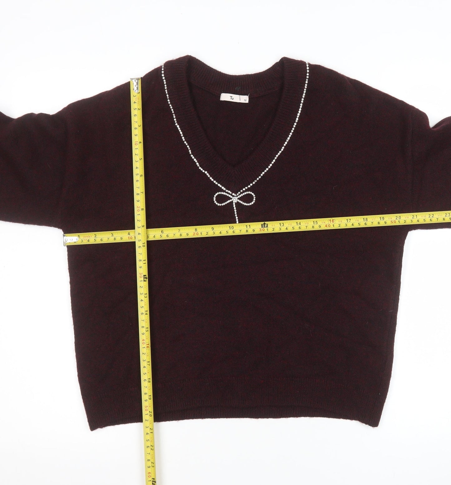 Tu Women Brown V-Neck Beaded Bow Knit Jumper Size 12