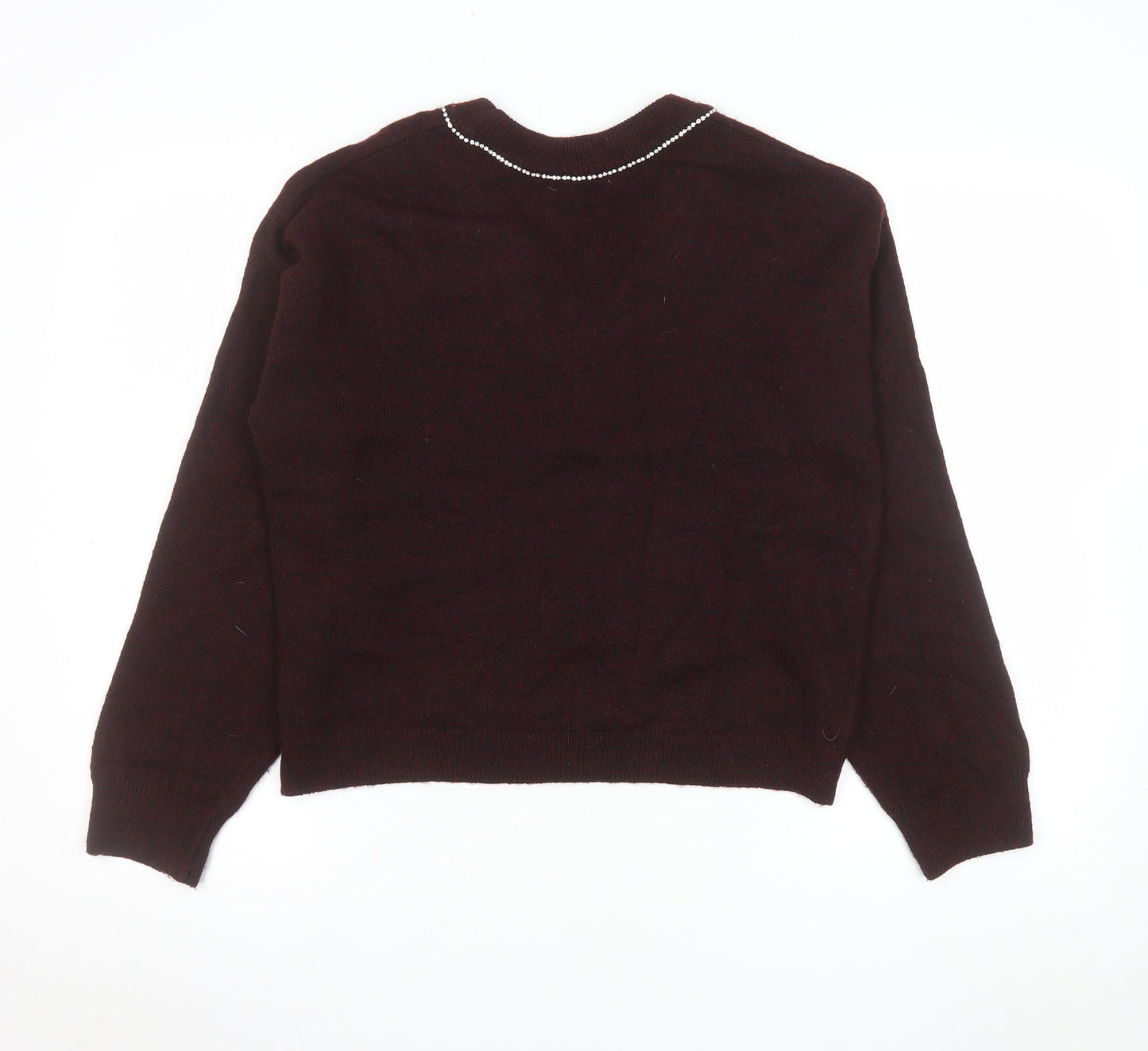 Tu Women Brown V-Neck Beaded Bow Knit Jumper Size 12