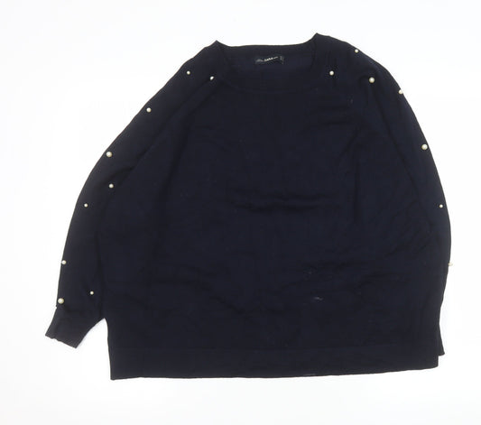 Zara Women Blue Beaded Sleeve Knit Pullover Jumper Size 12