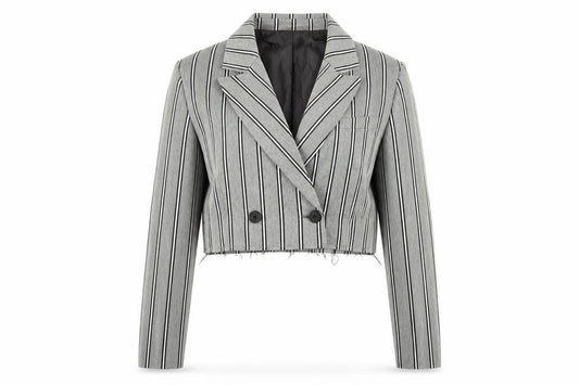 Collusion Women's Grey Pinstripe Cropped Double-Breasted Blazer UK 8