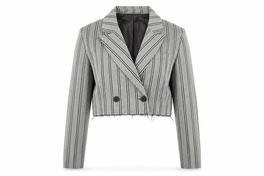 Collusion Women's Grey Pinstripe Cropped Double-Breasted Blazer UK 8