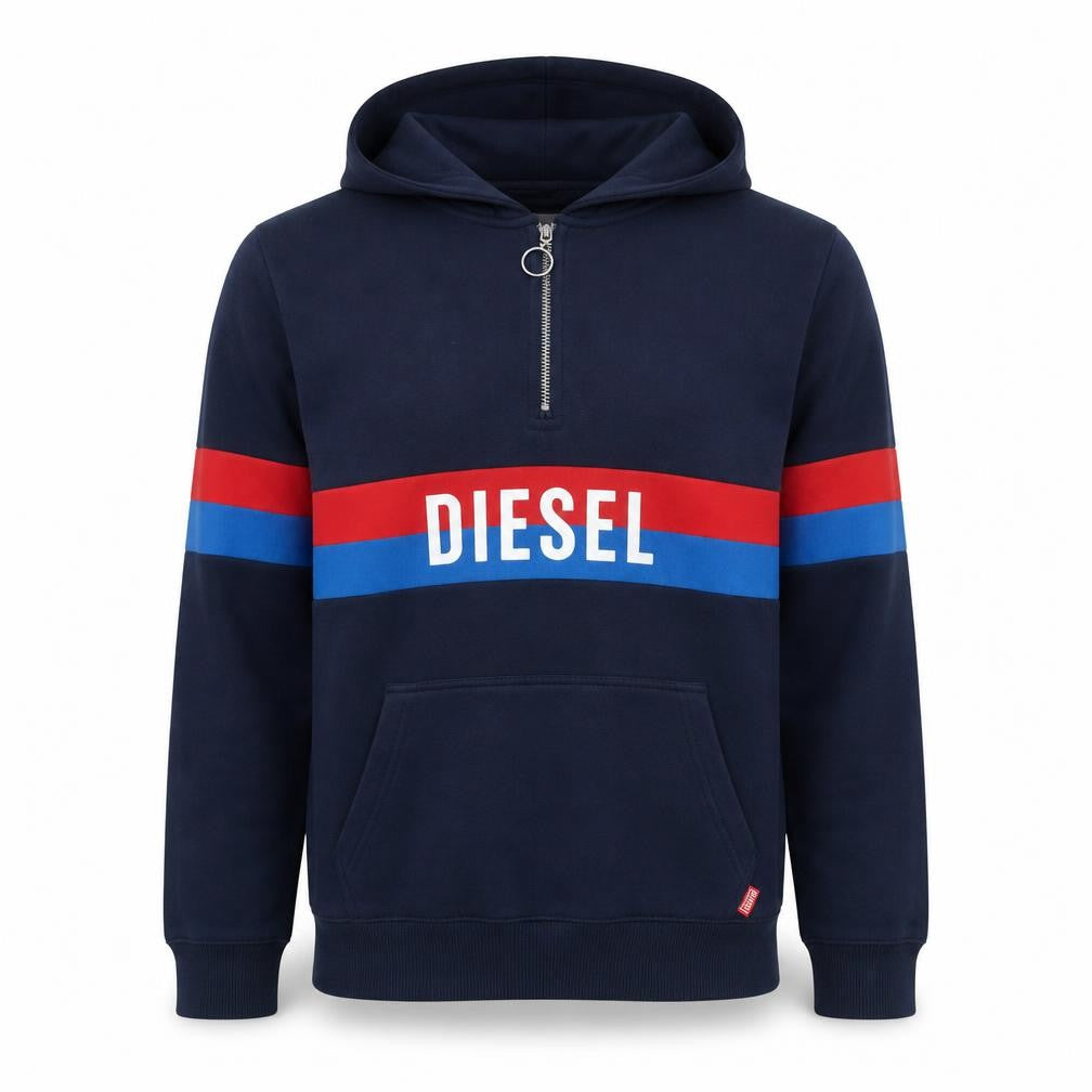 Diesel Men's Blue XL 1/2 Zip Hoodie with Logo and Pocket