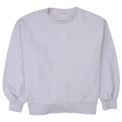 Additional front view of Puma women’s lilac crew neck pullover sweatshirt, size L, relaxed fit
