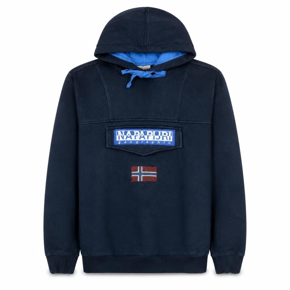Napapijri Men's Blue Pullover Fleece Hoodie M Embroidered Logo Outdoor