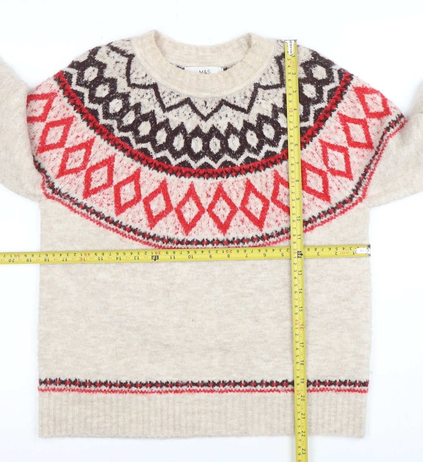 Marks and Spencer Women Beige Fair Isle Wool Pullover Jumper XS