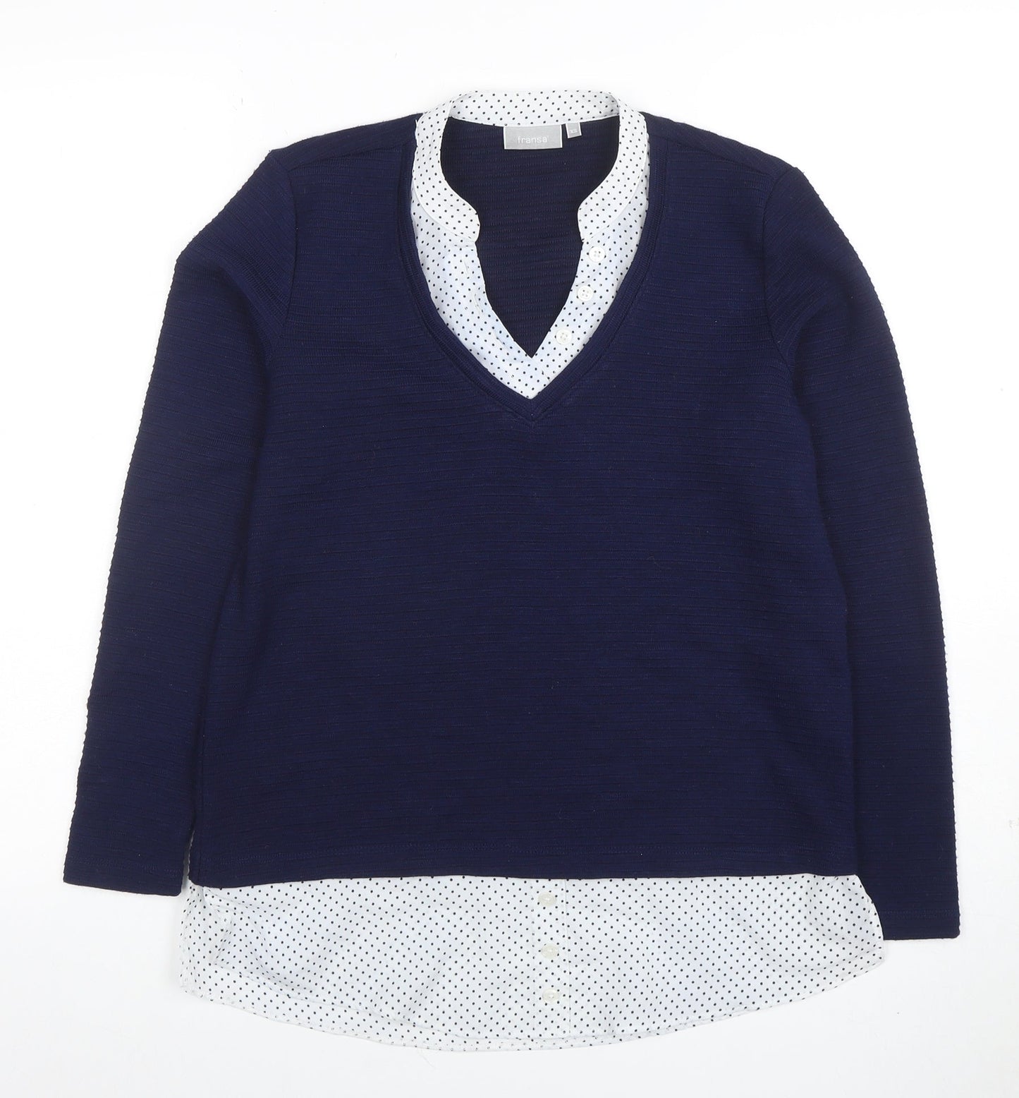 Fransa Women Navy Blue V-Neck Long Sleeve Jumper XS Polka Dot Hem