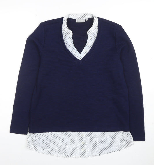 Fransa Women Navy Blue V-Neck Long Sleeve Jumper XS Polka Dot Hem