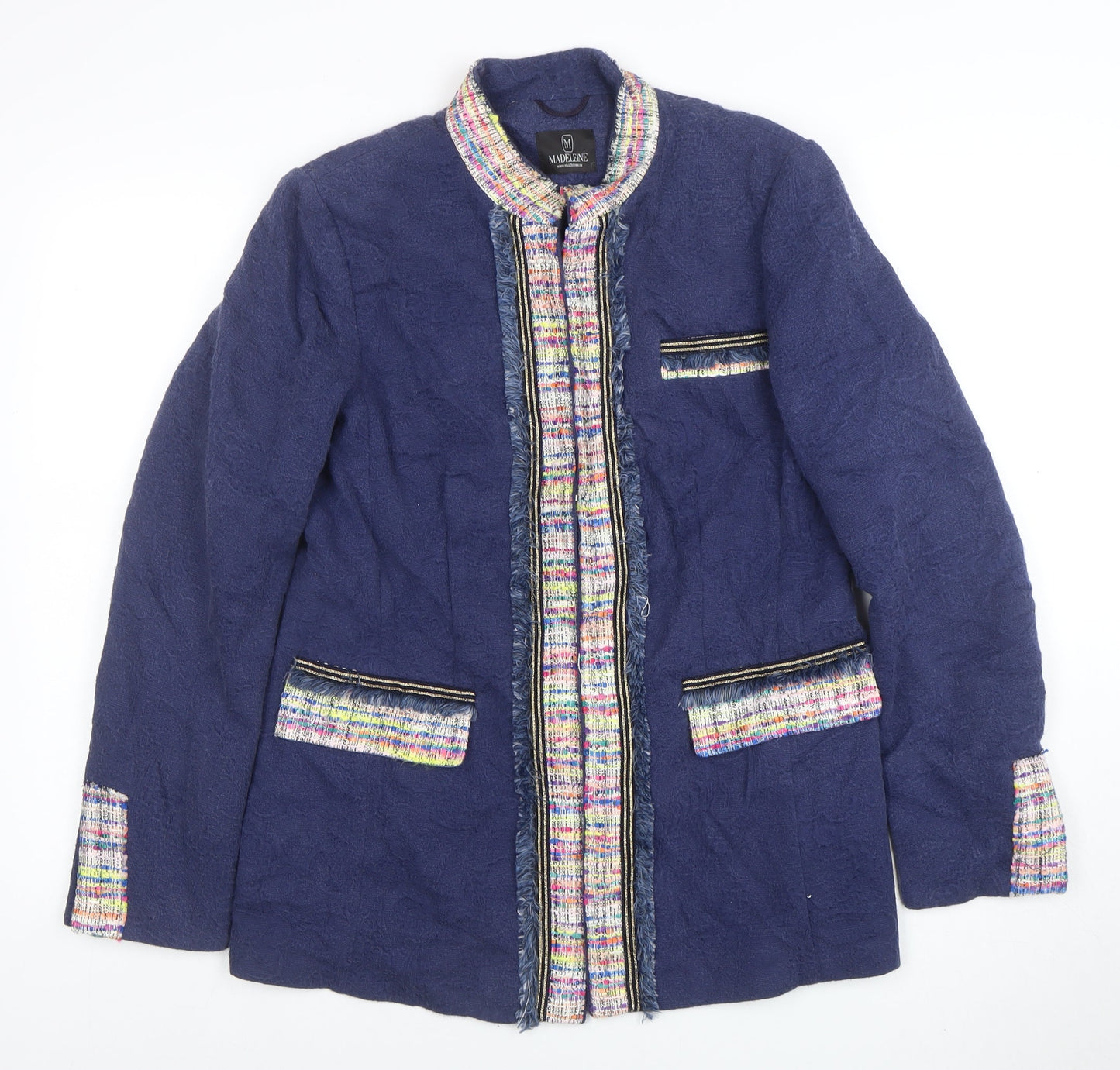 Madeleine Women Blue Cotton Blend Classic Tweed Blazer M