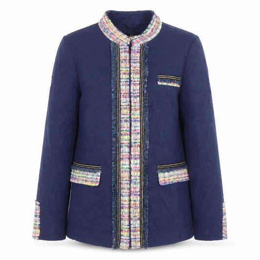 Madeleine Women Blue Cotton Blend Classic Tweed Blazer M