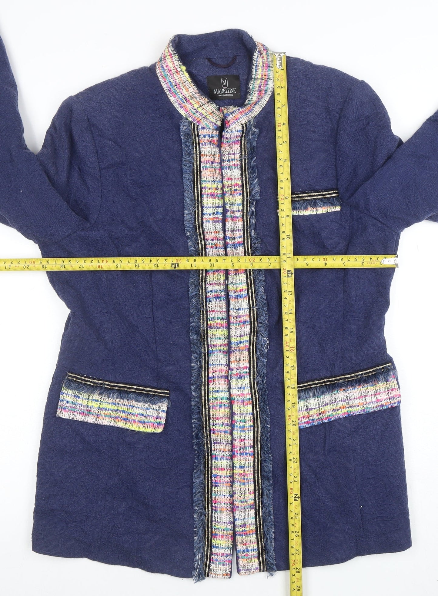 Madeleine Women Blue Cotton Blend Classic Tweed Blazer M