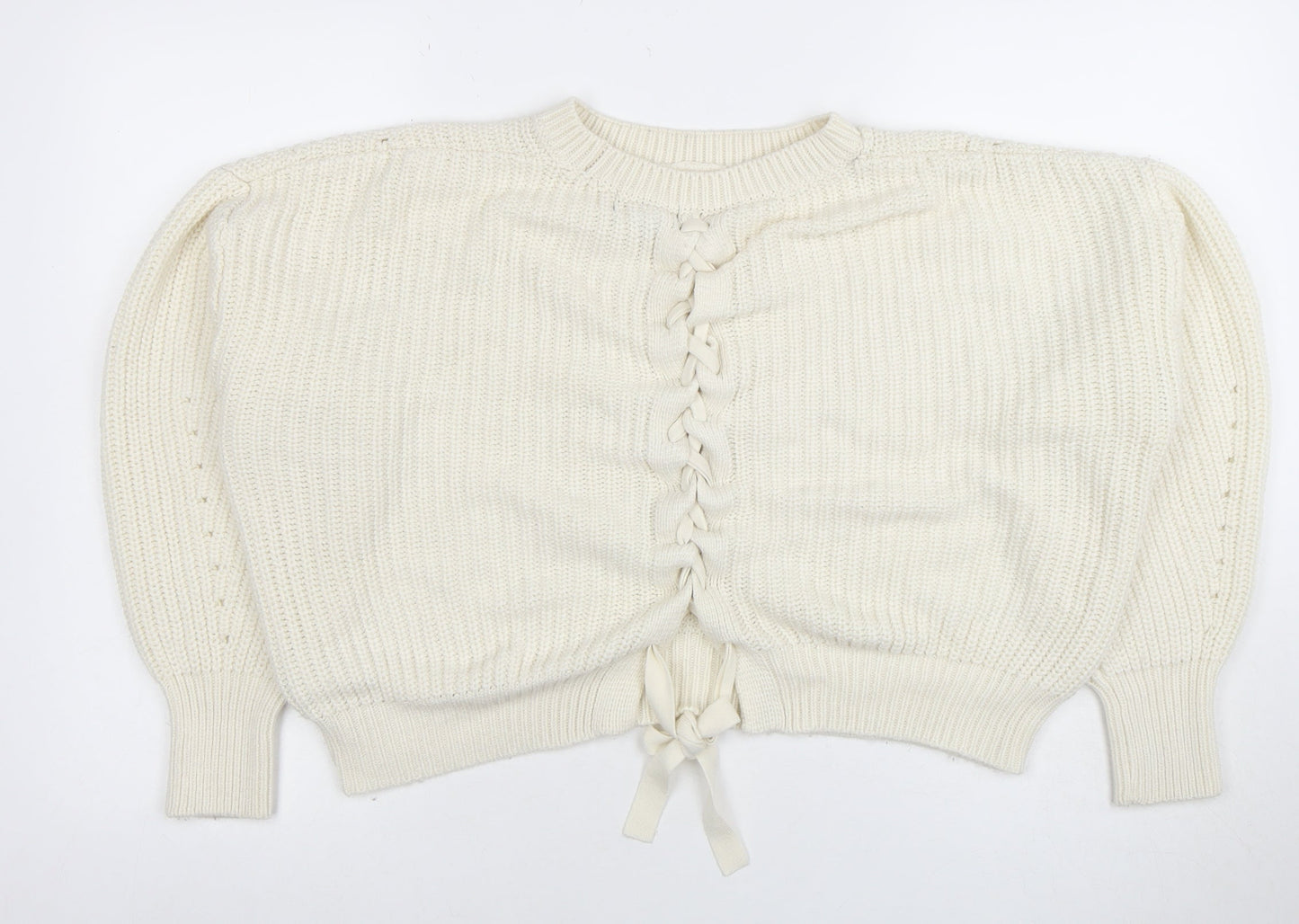 New Look Women Ivory Knit Lace-Up Crew Neck Jumper M