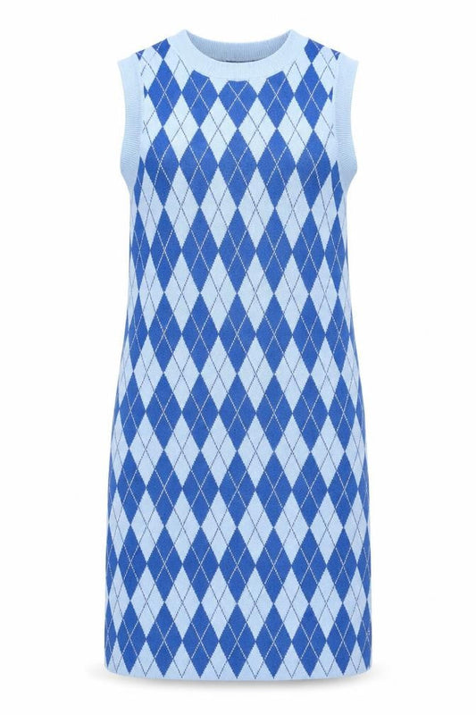 ZARA Women Blue Argyle Sleeveless Knit Shift Dress Size 10